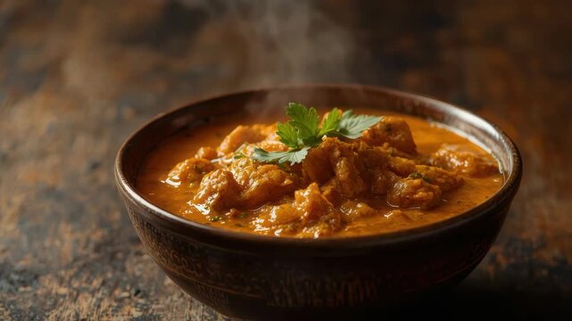 Steaming creamy spicy chicken curry with rich tomato sauce, rustic bowl garnished parsley
