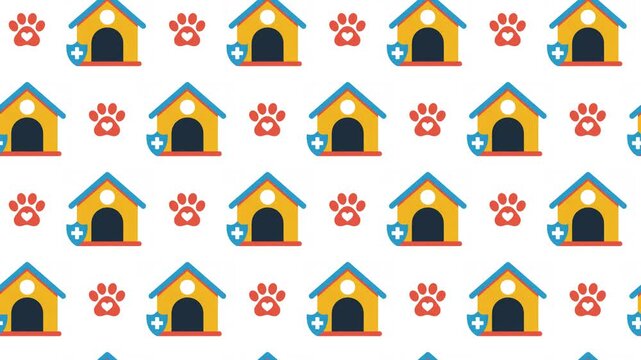 Pet Paw Print and Heart Icon with Dog House Seamless Pattern, Pet Lovers Concept.