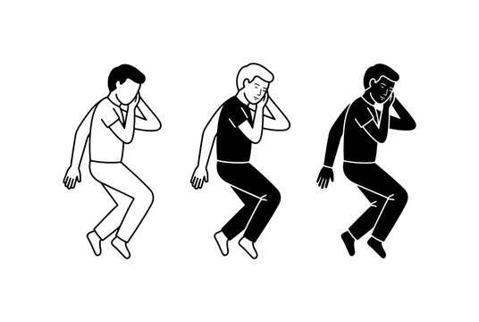Man Sleeping Pose Vector Icons, Three Variations: Outline, Solid Black, and Silhouette, Representing Rest and Relaxation