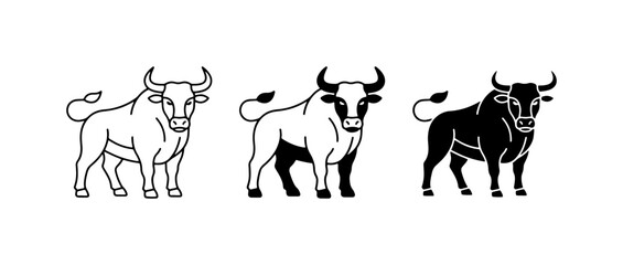 Fototapeta premium Bull Icons Set, Livestock Vector Graphics, Taurus Symbol, Powerful Animal Illustrations, Black and White Bull Designs