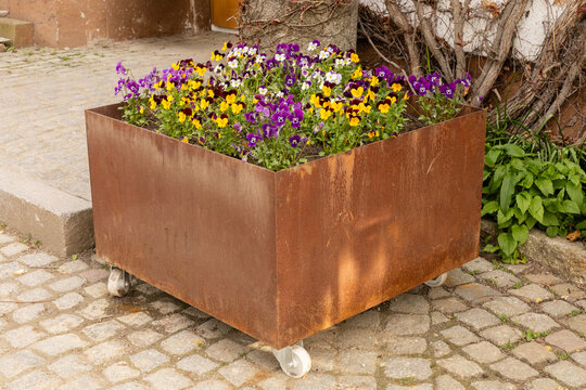 A metal planter on wheels holds bright flowers in purple, yellow, and white. It sits on a cobblestone street next to a tree in a small town. The sun lights up the scene