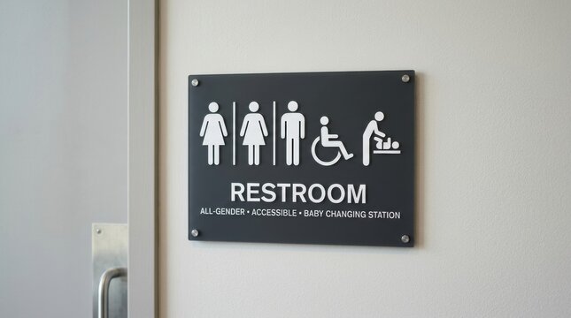 Modern restroom sign indicating all-gender, accessible, and baby changing facilities