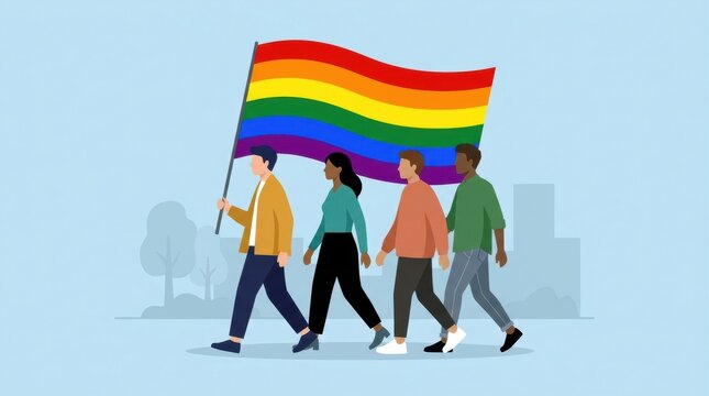 Diverse group of people marching with a rainbow flag in a city parade