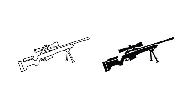 Precision sniper rifle icon with long range scope and bipod in outline and solid black silhouette styles