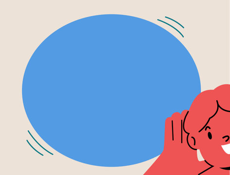 Boy holds his hand near his ear and listening. Colorful vector illustration