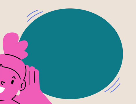 Girl holds her hand near her ear and listening. Colorful vector illustration