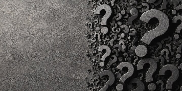 A textured gray background meets a dense cluster of question marks