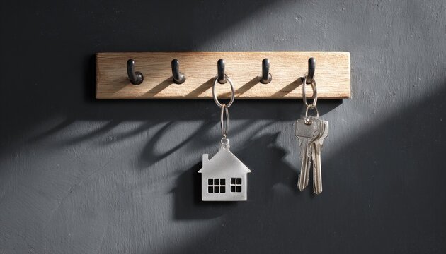 Wooden key rack holding keys with a house-shaped charm on a textured wall