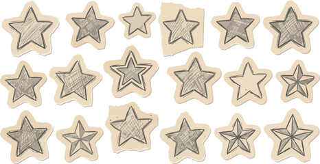 Set of monochrome star sketches on paper cutouts featuring vintage hand drawn hatching and crosshatching shading for rustic art. © Vectorar M A