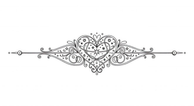 White line heart divider with intricate floral swirls and decorative flourishes isolated on a solid black background for