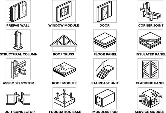 Modular building components, construction icons, architecture elements, prefabricated parts