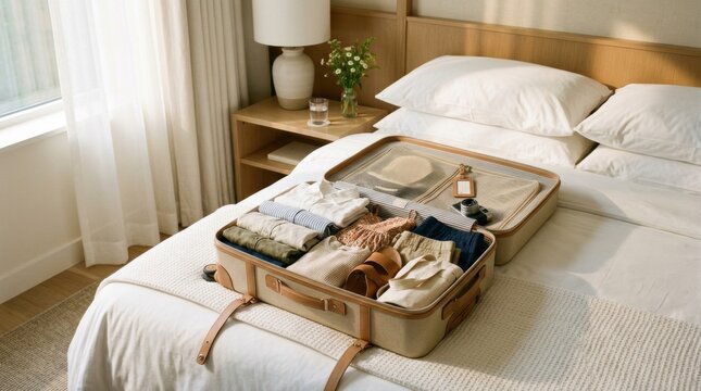 Packing a vintage suitcase with clothes and accessories for a trip