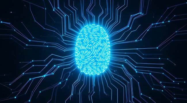 Digital Fingerprint Icon Glowing Blue Within Circuit Board Network With Futuristic Lines And Particles On Dark Background