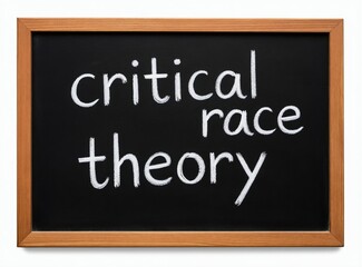 Fototapeta premium Critical race theory text in white chalk on a black chalkboard. Simple phrase conveys academic concept. Educational tool for learning social justice ideas.