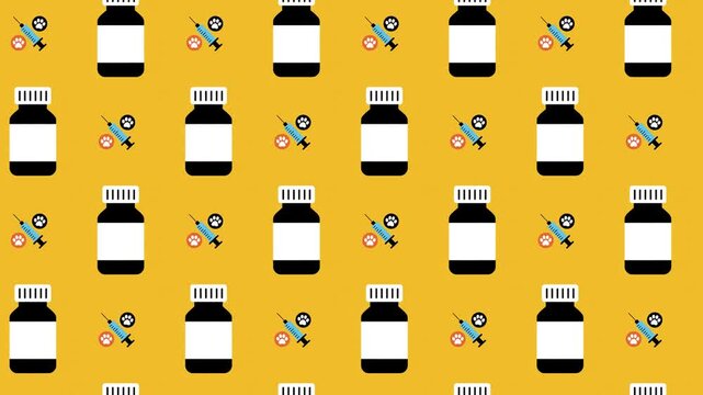 Veterinary Syringe, Medicine Bottle, and Paw Seamless Pattern, Pet Clinic Concept.