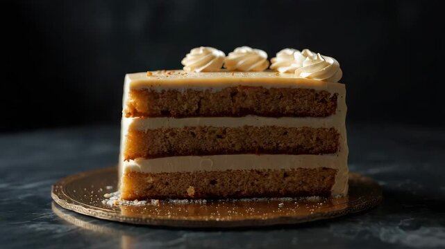 Creamy layered vanilla cake slice with buttercream frosting, decorative rosettes and swirls layer