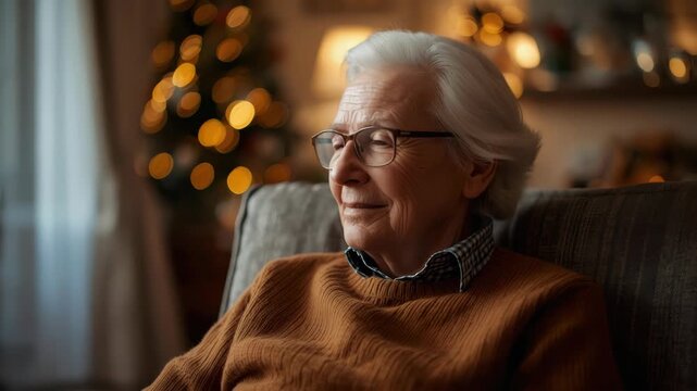Elderly woman with glasses seated by softly lit holiday tree, smiling thoughtfully cozy sofa