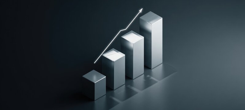 3D silver bars chart rising with an arrow on a dark background