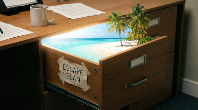 Desk drawer opens to reveal a tropical beach paradise and escape plan