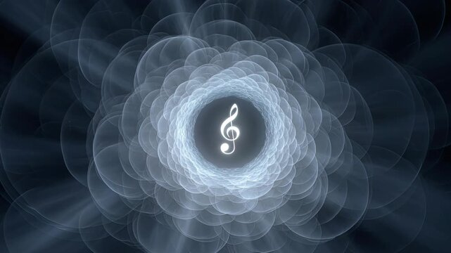 Abstract Digital Animation with Concentric Circles of Light Surrounded by a Musical Note in an Ethereal Atmosphere