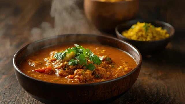 Steaming tomato and lentil stew with cilantro rustic bowl wooden table, savory spicy seafood lentil