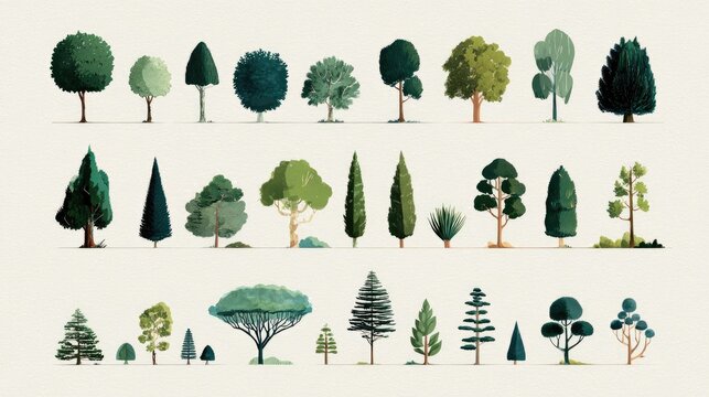 Collection of diverse tree illustrations in various styles and shapes