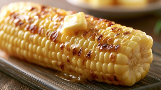 Grilled corn on the cob topped with a pat of butter, served on a wooden platter, with a blurred background of additional corn dishes and a rustic table setting