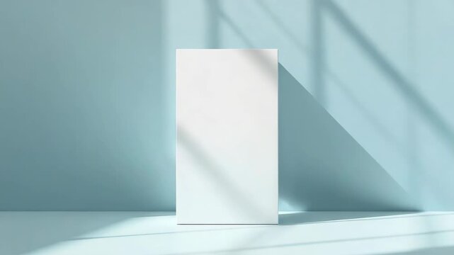 Minimalist white display box and vertical poster pastel blue wall with diagonal sunlight shadow