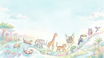 Obraz premium Cute cartoon giraffe & elephant cruise winding river in a gentle, colorful land