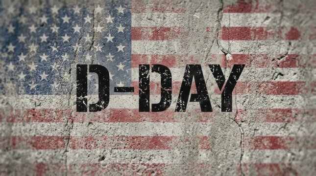 D-Day landing anniversary remembrance on distressed American flag background