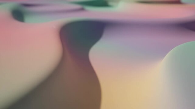 Smooth abstract 3D landscape featuring undulating organic waves and curves in a pastel color palette of pink, purple, and mint green with soft lighting and shallow depth of field.