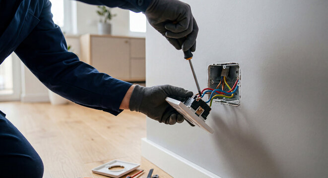 A close-up of a person wearing black gloves using a screwdriver to install a new electrical wall socket in a modern interior.