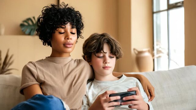 Woman embracing boy while playing game together on couch