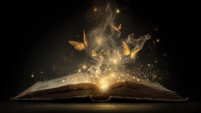 Open book radiates golden light, releasing butterflies and sparkling dust
