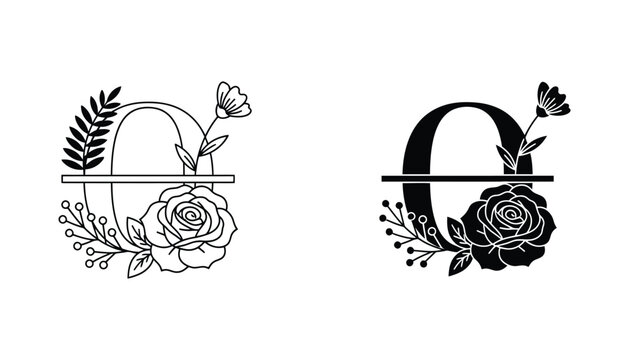 Letter O split monogram with rose and leaf floral vector design for custom wedding and gift branding