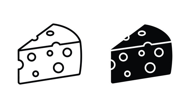 Cheese wedge icon set as black outline and solid silhouette design for food packaging or restaurant menu graphics