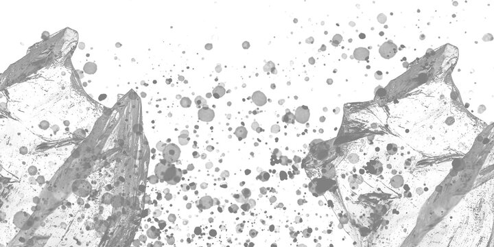 Shattered ice fragments with splashing water on transparent background