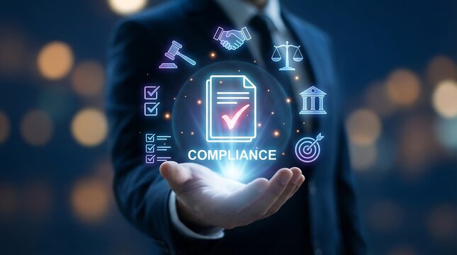 Business executive holding glowing compliance sphere featuring legal icons and regulatory symbols for corporate governance and ethical standards in professional finance environment