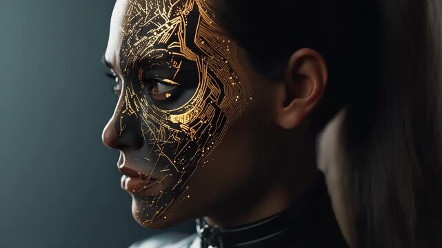 Futuristic portrait of woman with gold circuitry mask on half face, intense gaze and moody glow