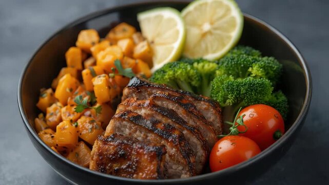 Grilled meat slices with roasted squash broccoli tomato and lemon savory healthy bowl