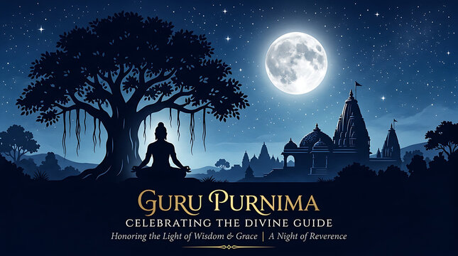  Minimal Guru Purnima silhouette artwork featuring meditating teacher beneath silver moon and temple skyline with refined English festive typography beautifully displayed tonight