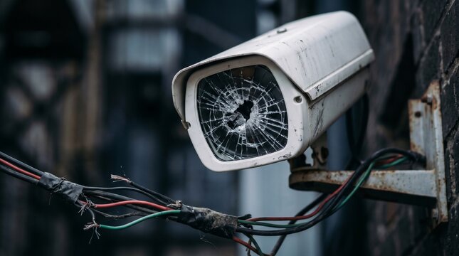 Damaged security chamber with broken lens and worn wires