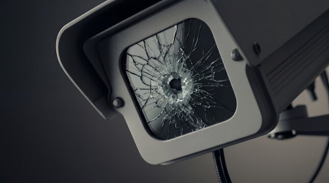 Close-up of a security camera with a shattered lens, symbolizing surveillance failure