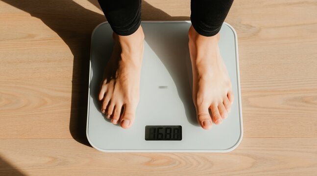 Person stands on digital scale to measure weight. Bare feet show on modern scale display, tracking body mass for health and fitness goals. Wooden floor adds natural touch.