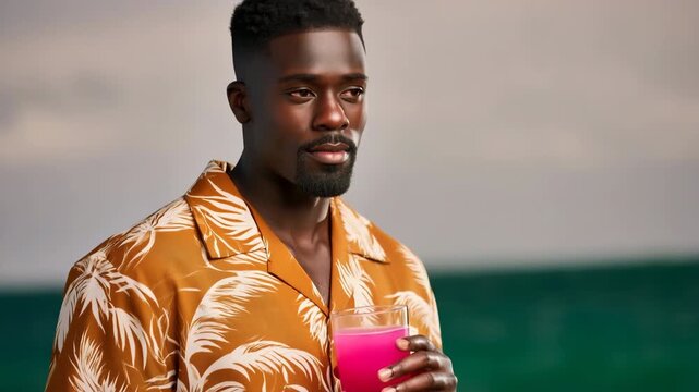 Young man holding pink drink wearing patterned shirt by ocean