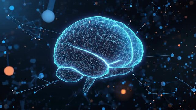 Neural network brain hologram glowing dark digital technology space with blue orange wireframe