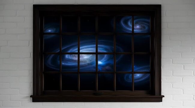 View Through Dark Wood Window Frame of Swirling Blue Galaxies and Starfields on Black Background with Soft Ambient Glow and White Brick Wall Exterior