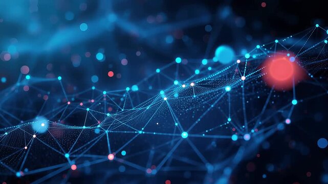 Digital network mesh with glowing data nodes and blue connection lines creating futuristic digital