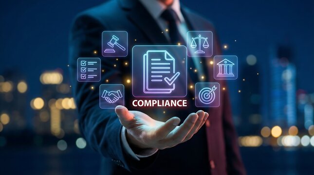 Corporate professional presenting digital compliance shield icon surrounded by law and justice symbols for regulatory standards and business ethics on blurred city background at night