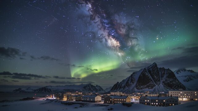 Northern lights dance over a small town under a starry sky in Norway during the winter night